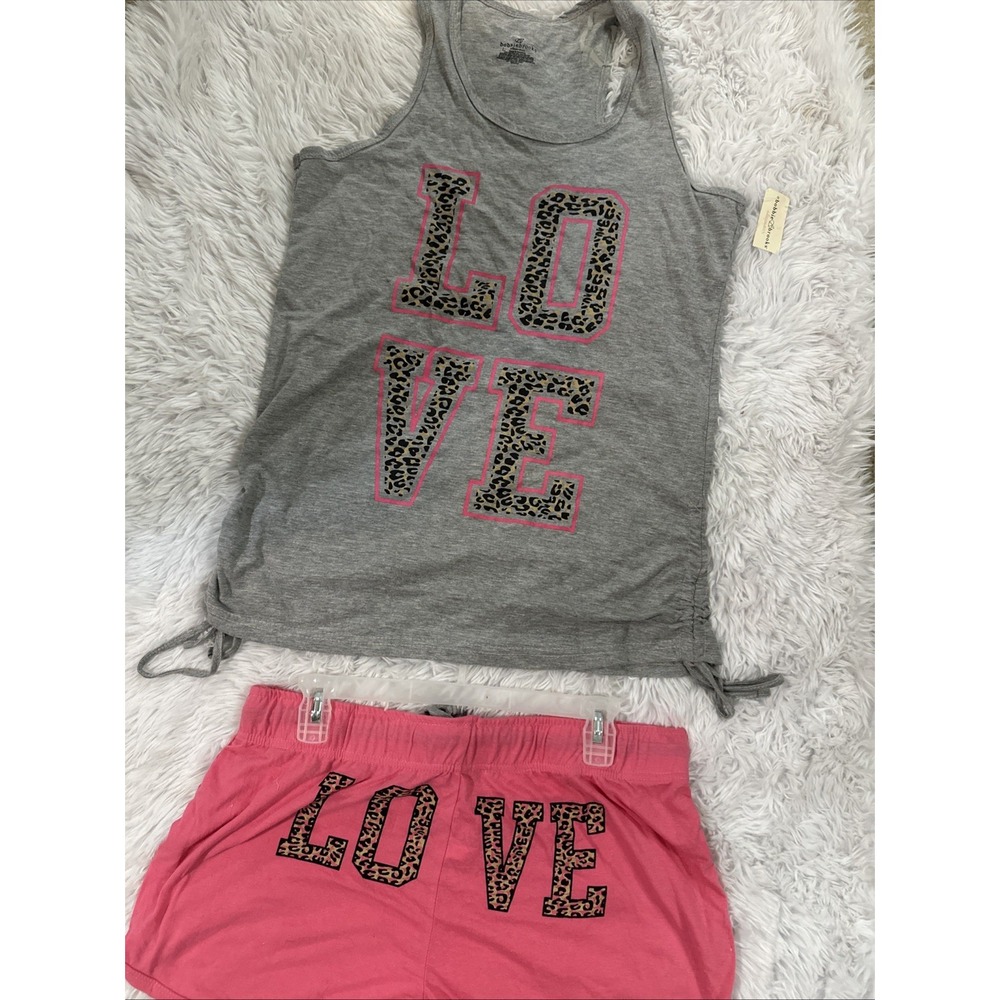 Bobbie Brooks Womens Pajama Set Grey Pink LOVE Leopard Tank and Shorts NWT